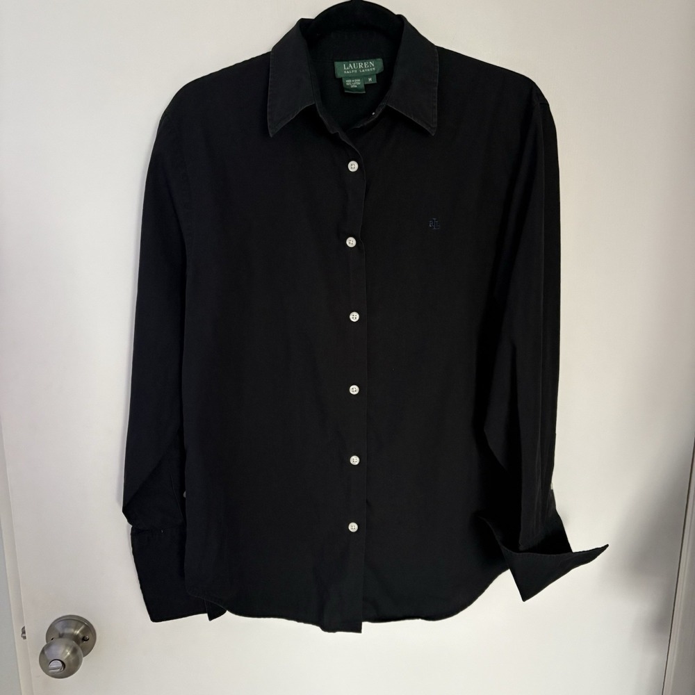 Ralph Lauren Logo Black Button Up Preppy Old Money Classic Career French Cuff M